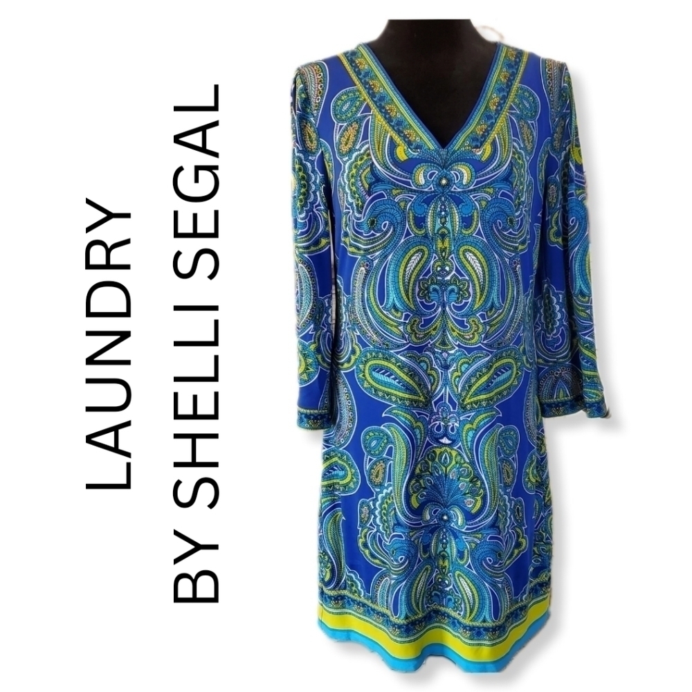 Laundry by Shelli Segal Dress Blue Green Paisley Bell Sleeve Sz S